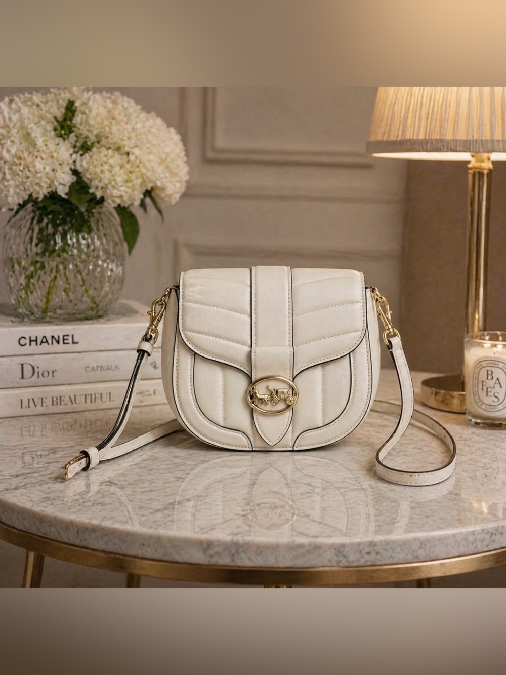 Coach Quilted Saddle Crossbody Bag in Cream with Gold Hardware